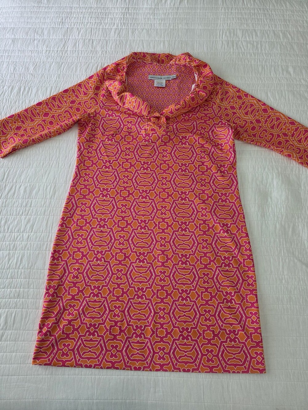 Gretchen Scott Ruffle Neck In Rio Grace Pink and Orange Patterned Dress - Picture 16 of 16